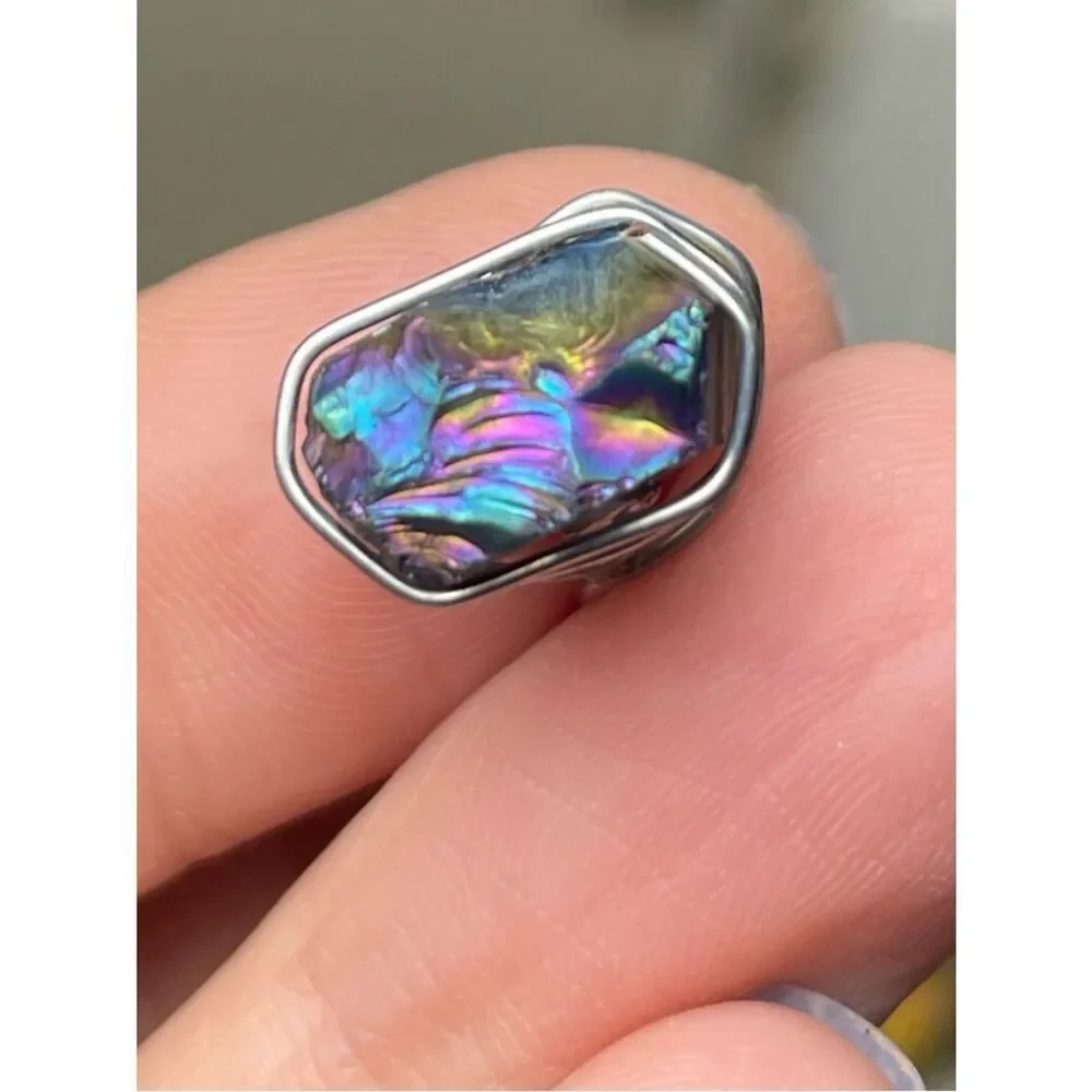 Handmade Small Rainbow Titanium Aura Stone Pendant Wrapped in Silver Wire